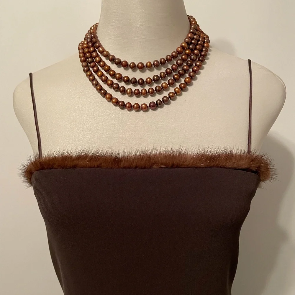 Tahari Striking Mink trimmed Spaghetti Strap Dress - Picture 4 of 13